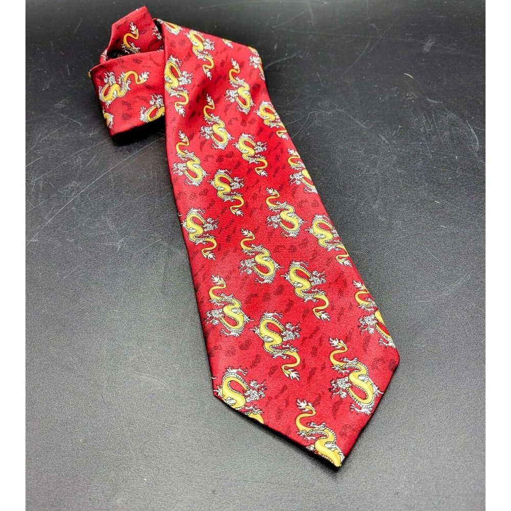 Kai Long Red Silk Dragon Print Tie Mens